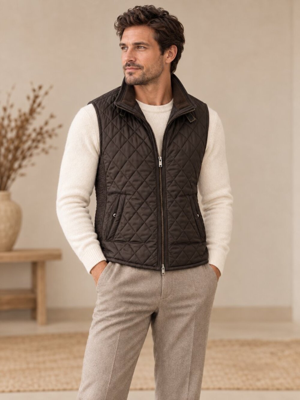 Massimo Dutti Quilted Vest w/ Leather Throat Latch Buckle - Brown